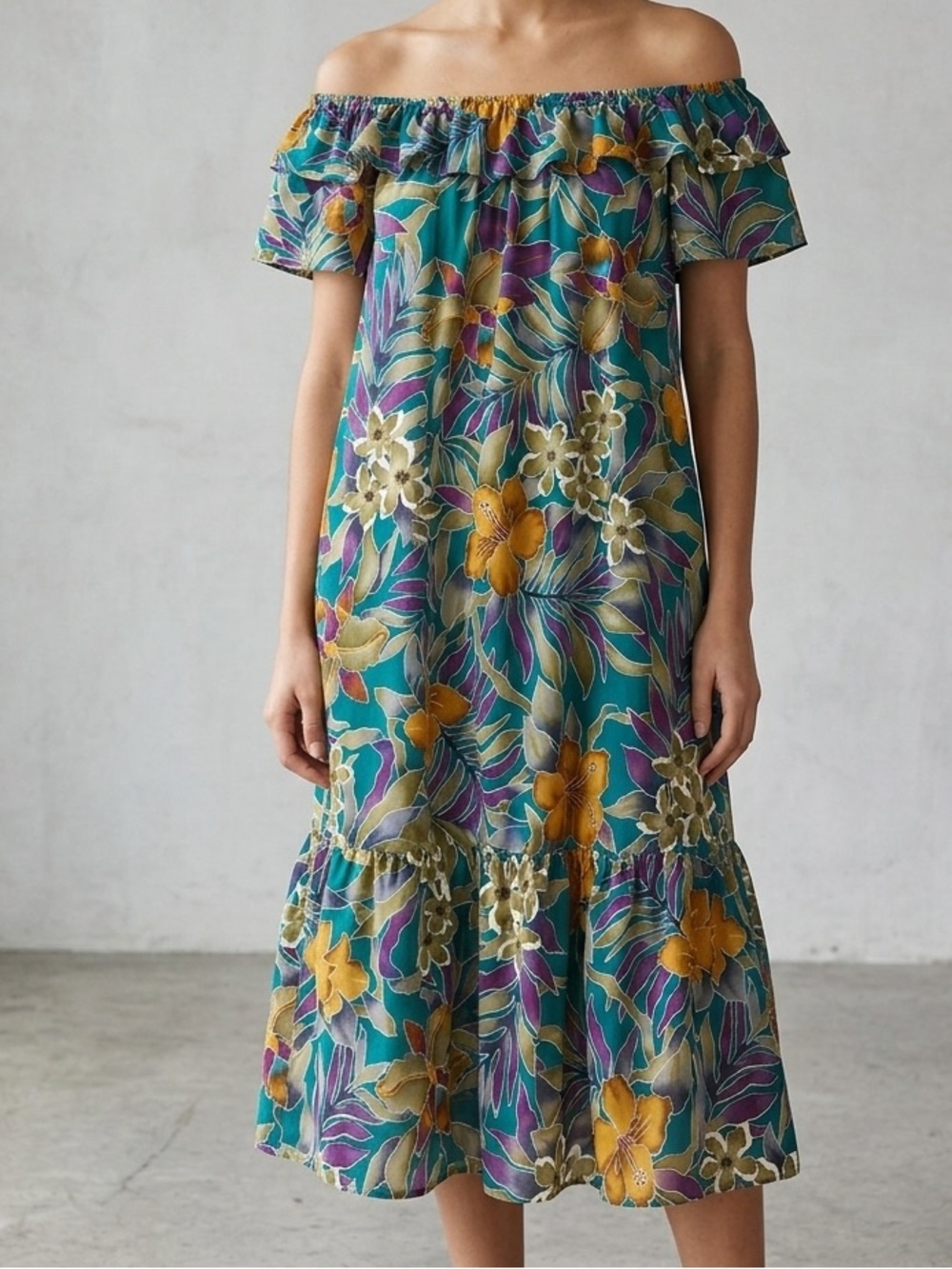 Vintage Off-Shoulder Cotton Hawaiian Floral Midi Dress Size Large